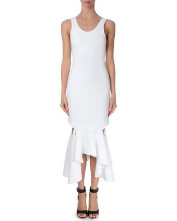 Givenchy Sleeveless Draped Flounce-Hem Dress in white – as worn by Amanda Holden for the Britain’s Got Talent audition launch in Liverpool, 15 January 2016. Celebrity fashion | designer dresses | what celebrities wear | star style | ruffled hemline - flipped