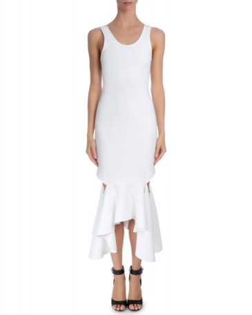 Givenchy Sleeveless Draped Flounce-Hem Dress in white – as worn by Amanda Holden for the Britain’s Got Talent audition launch in Liverpool, 15 January 2016. Celebrity fashion | designer dresses | what celebrities wear | star style | ruffled hemline