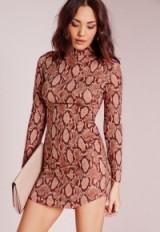 Missguided high neck curve hem snakeskin bodycon dress rose ~ snake print ~ mini dresses ~ pink fashion ~ going out