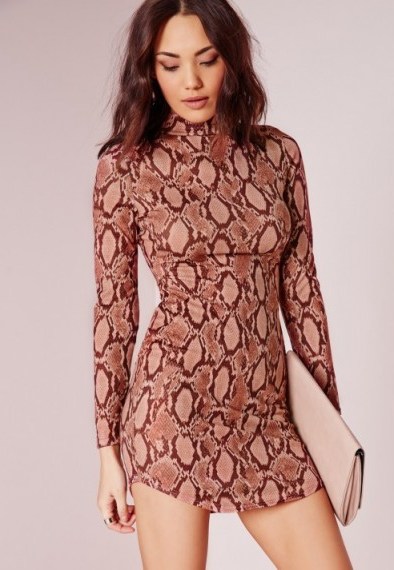 Missguided high neck curve hem snakeskin bodycon dress rose ~ snake print ~ mini dresses ~ pink fashion ~ going out - flipped