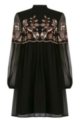 WAREHOUSE – EMBROIDERED GYPSY SMOCK DRESS BLACK. Floral embroidery ~ flower designs ~ semi sheer dresses ~ fashion