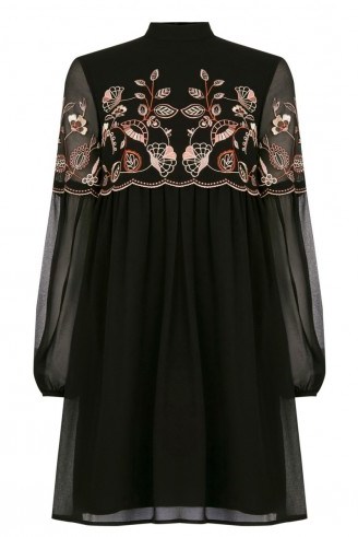WAREHOUSE – EMBROIDERED GYPSY SMOCK DRESS BLACK. Floral embroidery ~ flower designs ~ semi sheer dresses ~ fashion - flipped