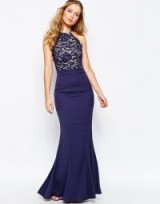 Jarlo High Neck Lace Dress With Tie Back And Fishtail navy. Blue occasion dresses – long evening gowns – maxi length – party glamour – glamorous look