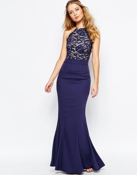 Jarlo High Neck Lace Dress With Tie Back And Fishtail navy. Blue occasion dresses – long evening gowns – maxi length – party glamour – glamorous look - flipped