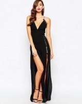 Jarlo Strappy Maxi Dress with Eyelet Detail and Thigh Splits in black. Plunge front neckline | low cut evening dresses | long occasion gowns | plunging necklines