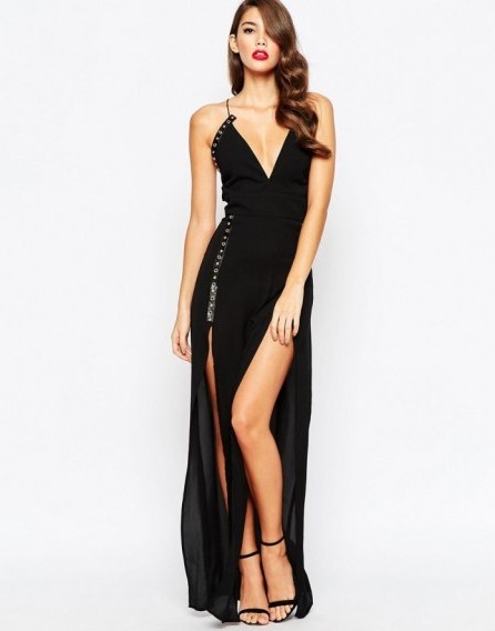 Jarlo Strappy Maxi Dress with Eyelet Detail and Thigh Splits in black. Plunge front neckline | low cut evening dresses | long occasion gowns | plunging necklines - flipped