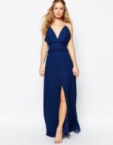 Jarlo V Front Maxi Dress With Frill Detail and Center Split in navy. Evening gowns | plunging occasion dresses | low cut neckline | deep V necklines