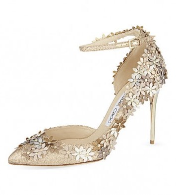 These are so beautiful!…JIMMY CHOO Lorelai 100 leather heeled courts – floral high heels – embellished court shoes – designer ankle straps – nude / metallic - flipped
