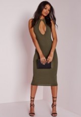 MISSGUIDED – keyhole plunge ribbed midi dress in khaki. Plunging necklines | low cut party dresses | going out fashion