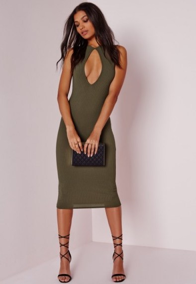 MISSGUIDED – keyhole plunge ribbed midi dress in khaki. Plunging necklines | low cut party dresses | going out fashion - flipped