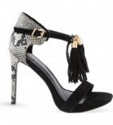 KG KURT GEIGER Hiss heeled sandals black – snake print sandal – animal prints – high heel shoes – t bar heels – tassels