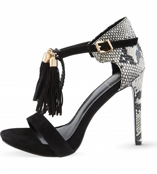 KG KURT GEIGER Hiss heeled sandals black – snake print sandal – animal prints – high heel shoes – t bar heels – tassels - flipped