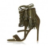 River Island Khaki suede fringed stiletto heels. Dark green high heels – fringe sandals – ankle ties – strappy party shoes