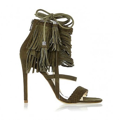 River Island Khaki suede fringed stiletto heels. Dark green high heels – fringe sandals – ankle ties – strappy party shoes - flipped