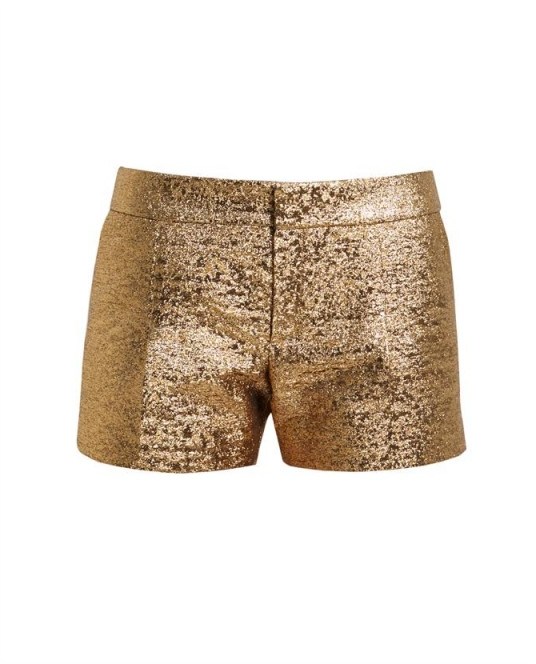 LANVIN Metallic Lamé Shorts in gold – as worn by Kourtney Kardashian on the Ellen DeGeneres show, January 2016. Celebrity fashion | designer shorts | what celebrities wear on TV | star style - flipped
