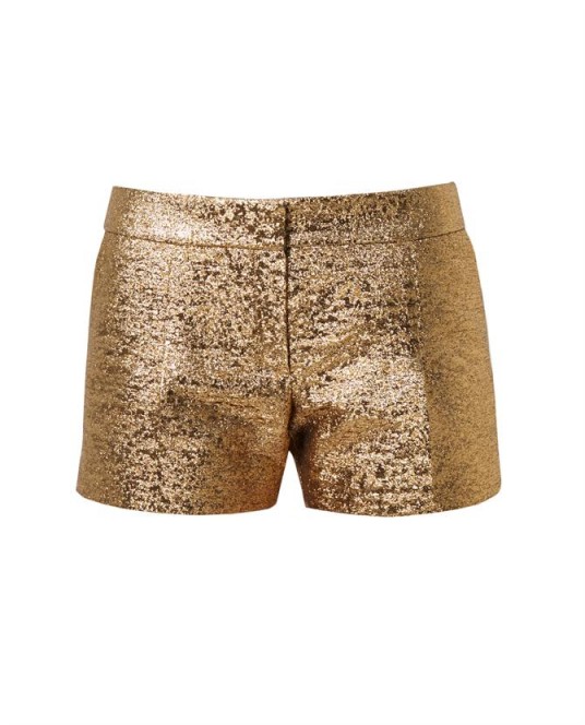 LANVIN Metallic Lamé Shorts in gold – as worn by Kourtney Kardashian on the Ellen DeGeneres show, January 2016. Celebrity fashion | designer shorts | what celebrities wear on TV | star style