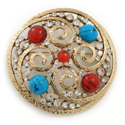 Avalaya Large Vintage Round Turquoise Stone, Crystal Brooch ~ brooches ~ jewellery ~ red and blue stones - flipped