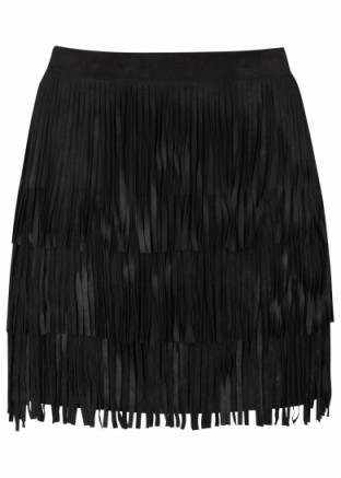 ALICE + OLIVIA Lavana tiered fringed suede mini skirt in black – as worn by Karolina Kurkova at Mercedes Benz Fashion Week in Berlin, 20 January 2016. Celebrity style clothing | designer fashion | fringe skirts | what celebrities wear