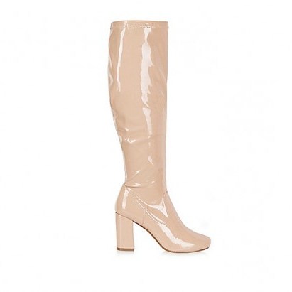 Light beige patent heeled knee high boots. 70s style footwear – high heels – winter fashion – vintage style – block heel - flipped