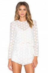 LINE & DOT Soleil Dot Blouse & Shorts in white – as worn by Sarah Hyland hosting the Minnie Rocks the Dots Art and Fashion Exhibit on 22 January 2016 in Los Angeles. Celebrity fashion | star style | tops and shorts sets | co-ords | what celebrities wear to events