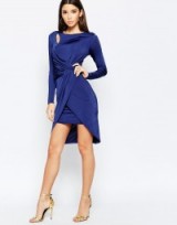 Lipsy Ruched Front Bodycon Dress With Keyhole Shoulder navy. Blue party dresses – occasion wear – evening fashion – going out glamour – glamorous look