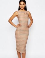 Michelle Keegan Loves Lipsy Ripple Bodycon Dress nude. Pale pink party dresses – fitted going out fashion – sleeveless style – evening wear