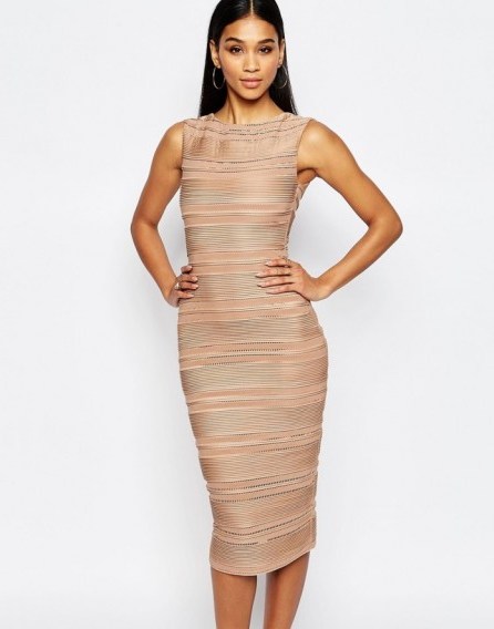 Michelle Keegan Loves Lipsy Ripple Bodycon Dress nude. Pale pink party dresses – fitted going out fashion – sleeveless style – evening wear - flipped