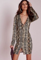 MISSGUIDED long sleeve plunge bodycon dress snake. Going out fashion | printed party dresses | snakeskin prints | plunging necklines | low cut neckline