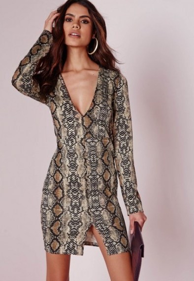 MISSGUIDED long sleeve plunge bodycon dress snake. Going out fashion | printed party dresses | snakeskin prints | plunging necklines | low cut neckline - flipped