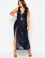 Lovedrobe Plunge Front Sequin Maxi in navy. Plus size fashion | plunging neckline | deep V necklines | going out glamour | long glamorous gowns