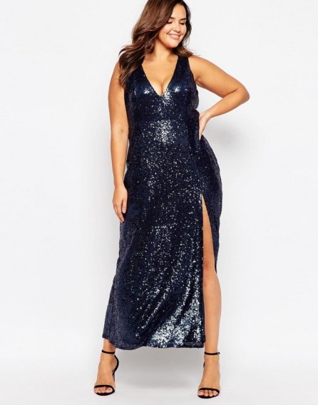 Lovedrobe Plunge Front Sequin Maxi in navy. Plus size fashion | plunging neckline | deep V necklines | going out glamour | long glamorous gowns - flipped
