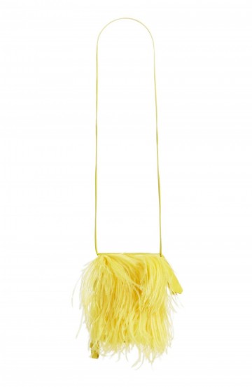 Marques’Almeida Suede & Feather Handbag with Key Chain in yellow ~ luxe shoulder bags ~ luxury hand bags ~ feathered bags ~ feathers