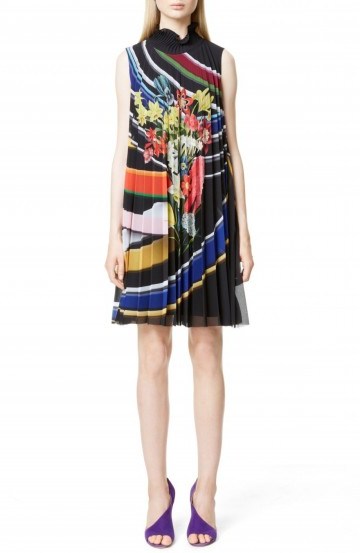 Mary Katrantzou Stripe & Floral Print Pleated Swing Dress ~ designer prints ~ printed dresses ~ occasion wear - flipped