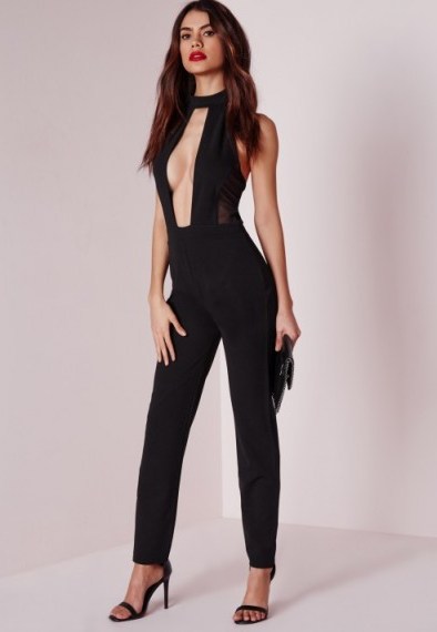 MISSGUIDED – mesh extreme plunge jumpsuit in black. Plunging necklines | low cut neckline | deep V front jumpsuits | going out fashion - flipped