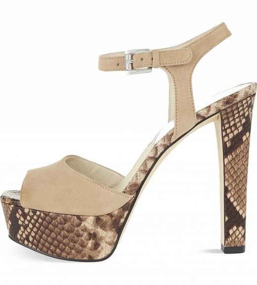 MICHAEL MICHAEL KORS Trish snake-embossed leather heeled sandals taupe – 70s style platforms – retro – designer shoes – animal print high heels - flipped