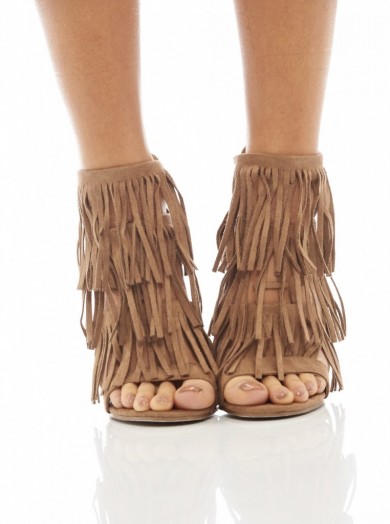 AX PARIS multi tassel faux suede heels mocha – fringed sandals – high heels shoes – party accessories – going out – evening footwear – tan / brown