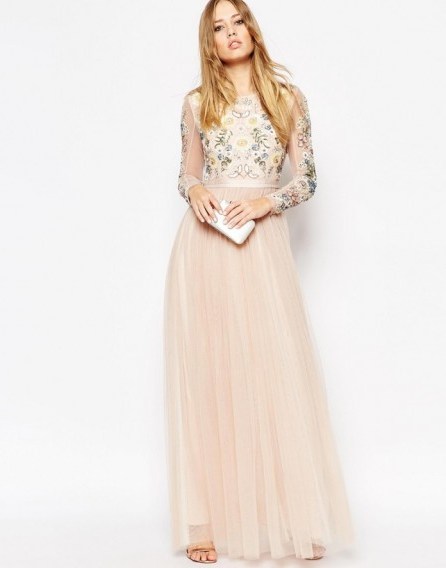 Needle & Thread Backless Sheer Sleeve Tulle Embellished Maxi Dress in blush – occasion dresses – evening gowns – long party dresses – floral embroidered gown – pale pink - flipped