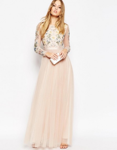 Needle & Thread Backless Sheer Sleeve Tulle Embellished Maxi Dress in blush – occasion dresses – evening gowns – long party dresses – floral embroidered gown – pale pink