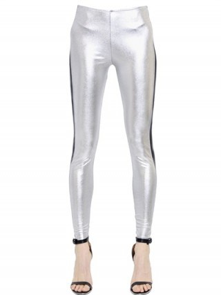 NORMA KAMALI LAMINATED STRETCH JERSEY LEGGINGS. Metallic silver | disco pants | designer trousers | shimmering bottoms - flipped