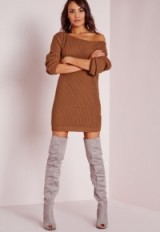 MISSGUIDED off shoulder knitted jumper dress brown. Knitted dresses | winter fashion | on trend knitwear | sweater dresses | day wear