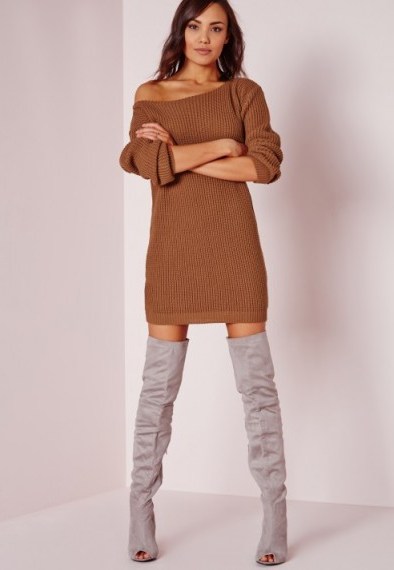 MISSGUIDED off shoulder knitted jumper dress brown. Knitted dresses | winter fashion | on trend knitwear | sweater dresses | day wear - flipped