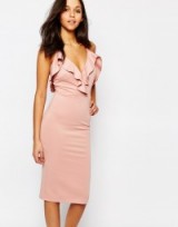 Oh My Love Midi Frill Plunge Bodycon Dress in mink – pink party dresses – ruffled – evening fashion – going out