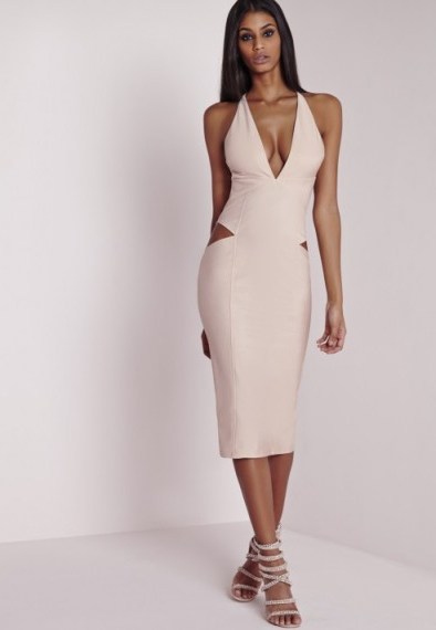 Missguided peace + love plunge cut-out midi dress nude. Party dresses ~ plunging neckline ~ going out glamour ~ evening fashion ~ glamorous style - flipped
