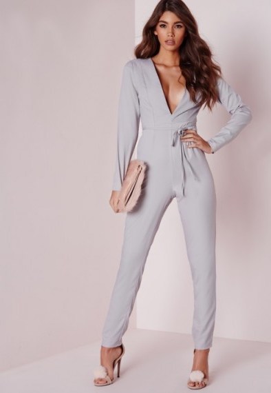 MISSGUIDED plunge tapered leg belted jumpsuit grey. Plunging necklines – low cut jumpsuits – going out fashion - flipped