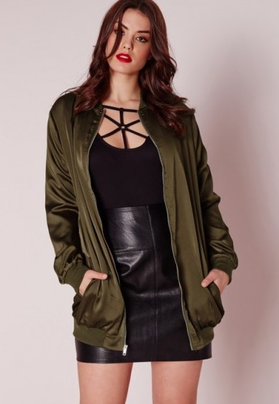 MISSGUIDED plus size long line satin bomber jacket khaki. Casual jackets | on trend clothing | weekend style - flipped