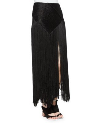 Proenza Schouler Woven Long Fringe Skirt black – as worn by Olivia Palermo at the Stylebop and Next Paris Party in Paris, France, 24 January 2016. Celebrity fashion | star style | Paris Fashion Week | what celebrities wear | fringed maxi skirts - flipped