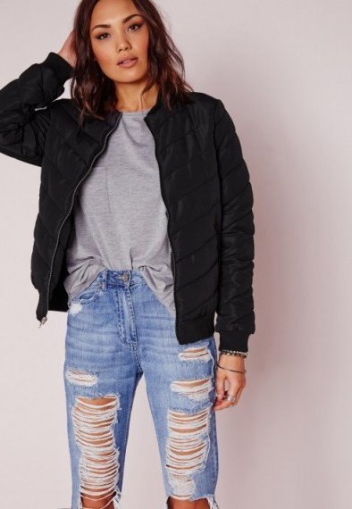 MISSGUIDED quilted jacket rib collar bomber black. Casual jackets | on trend fashion | weekend style clothing - flipped