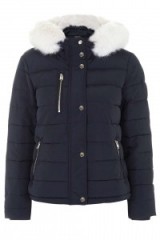 Georgia May Foote style…TopShop Quilted Jacket with faux fur hood trim in navy blue – as worn by Georgia May Foote heading to rehearsals for Strictly Come Dancing in Birmingham, January 2016. Casual celebrity fashion | winter jackets | what celebrities wear