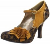 Ruby Shoo Ashley Court Shoe mustard yellow. Mary Jane retro style pumps ~ vintage look Mary Janes ~ floral embellished high heels