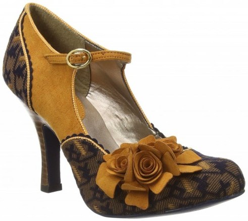Ruby Shoo Ashley Court Shoe mustard yellow. Mary Jane retro style pumps ~ vintage look Mary Janes ~ floral embellished high heels - flipped